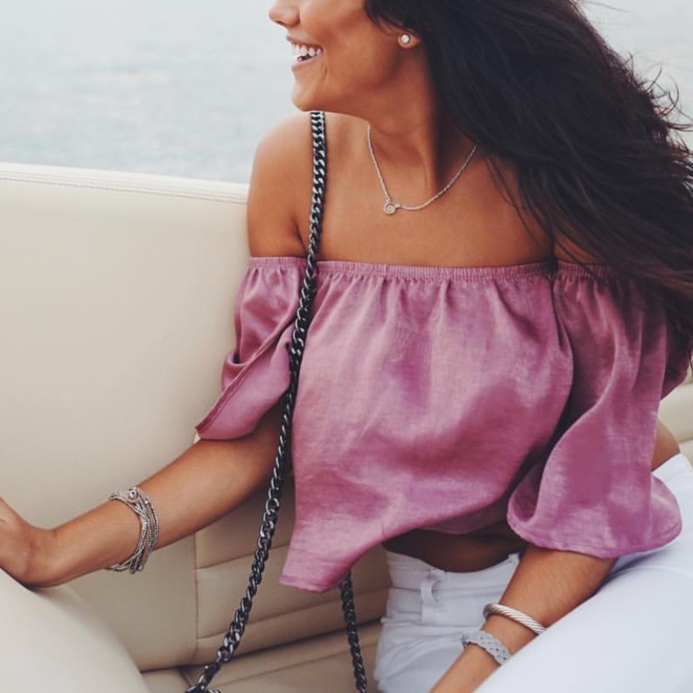 Purple silky off the shoulder shirt